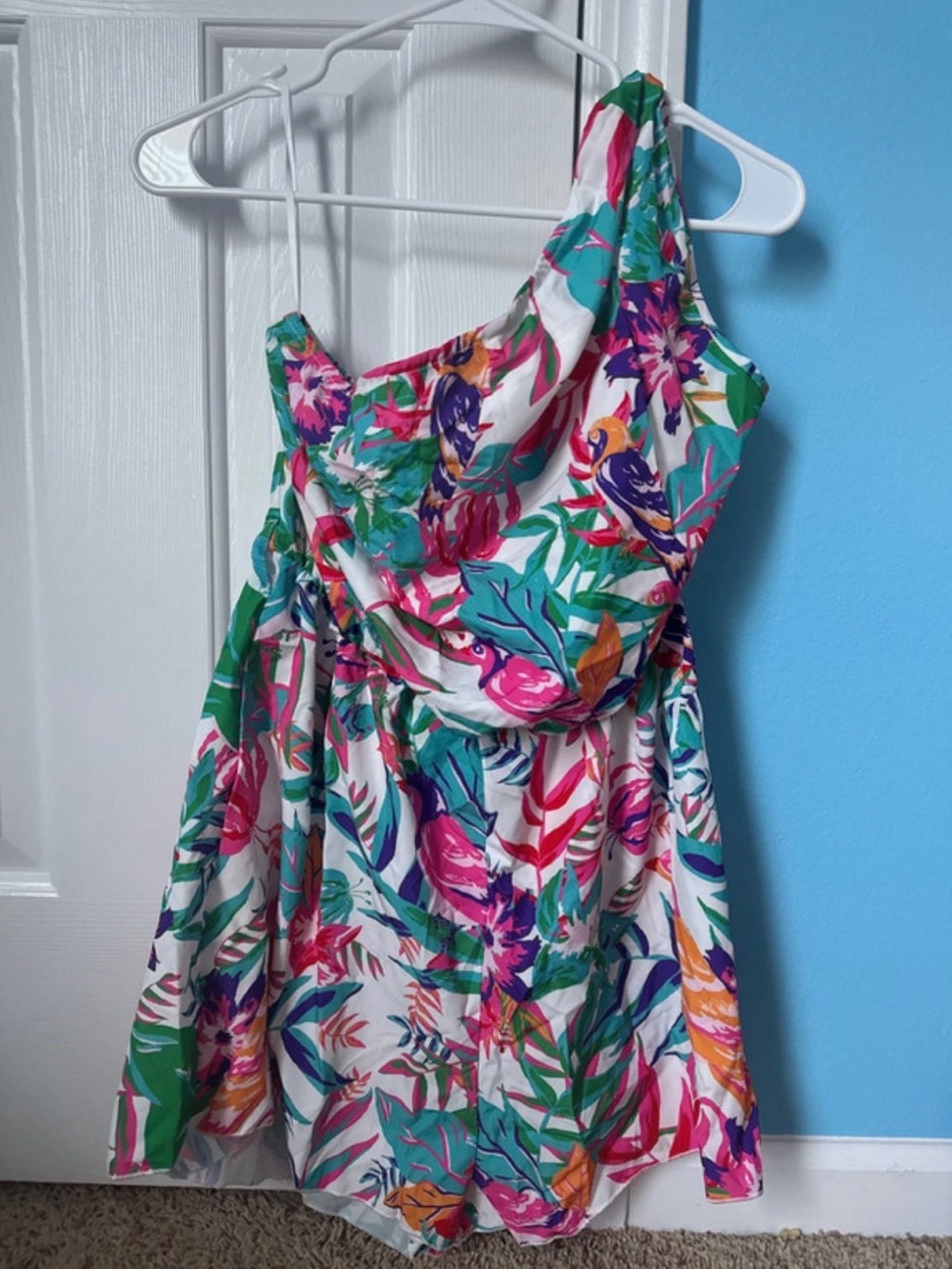 SHEIN White One-Shoulder Tropical Bird Print Romper